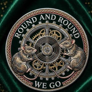 May include: Embroidered patch with the text "ROUND AND ROUND WE GO" encircling a central gear design. Two detailed rats flank the gear, with a compass rose at the center. The patch has a green background with gold and red accents.