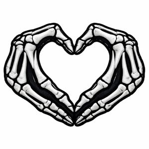 May include: Embroidered patch featuring a heart shape formed by two skeleton hands. The hands are white with black outlines and details, set against a black background. The patch is likely for clothing or accessories.