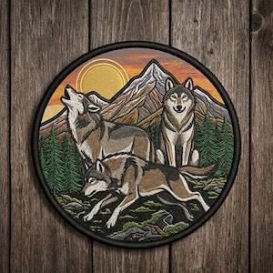 Wolf Pack Patch Mountain Forest Sunset, Wildlife Embroidered Iron On Sew On Patch for Jacket Backpack Camping Gear