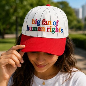 Custom Big Fan of Human Rights Embroidered Baseball Hat, Equality Statement Cap, Inclusive Pride Gift, Retro Pinstripe Hat