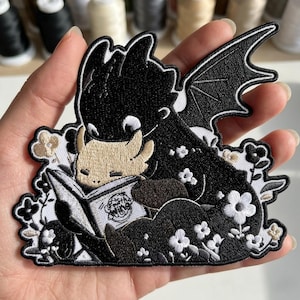 Cute Reading Dragon Embroidered Patch, Fantasy Dragon Iron On Patch, Cozy Book Lover Patch, Floral Dragon Embroidery Patch