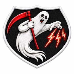 May include: Embroidered patch featuring a white ghost holding a red scythe and emitting red lightning bolts. The ghost has an open mouth and is set against a black background within a shield shape with a white border.