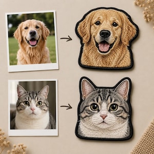 May include: Image featuring two embroidered patches: a golden retriever and a tabby cat. The patches are detailed with realistic fur textures and black borders. The image includes photos of the animals next to their patch counterparts.