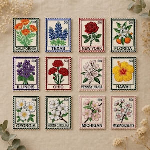 Custom State Flower Stamp Embroidered Patch Vintage Botanical Postage Inspired Floral Applique Collection Gift Decor