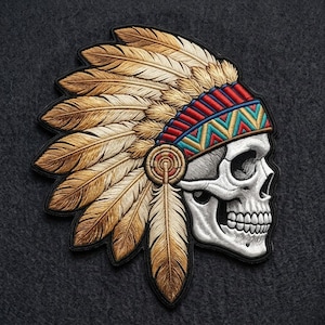 May include: Embroidered patch featuring a skull wearing a Native American headdress. The headdress is adorned with tan feathers, red, blue, and turquoise accents. The skull is white with detailed shading and a black outline.