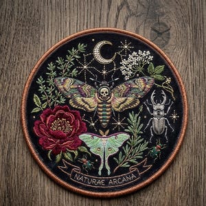 May include: Embroidered patch with a black background and a detailed design. The patch features a moth with a skull, a green moth, a beetle, a red flower, and the text "NATURAE ARCANA". The patch has a brown border.