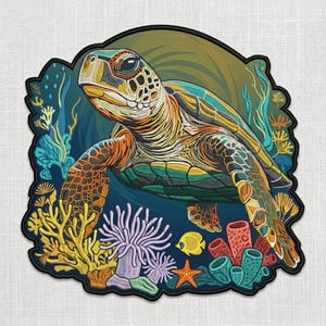 May include: Embroidered patch featuring a sea turtle swimming underwater. The turtle has a detailed design with shades of orange, yellow, green, and blue. The patch includes coral, a starfish, and a yellow fish, all set against a dark blue background.
