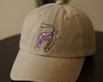 Custom Shrimp Playing Saxophone Hat Funny Music Lover Gift Embroidered Sea Creature Cap Jazz Band Inspired Animal Design