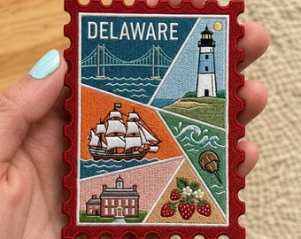 Delaware Embroidered Patch, Travel Stamp Patch, Vintage State Souvenir, Lighthouse Ship Bridge Patch, Iron On Applique