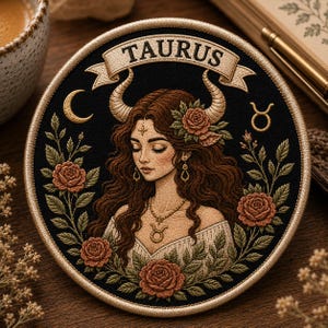 May include: Embroidered patch featuring a woman with long brown hair, adorned with roses and horns, set against a black background. The word "TAURUS" is displayed on a banner above the woman. The patch is round with a gold border.