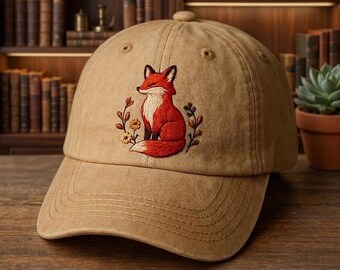 Custom Embroidered Fox Hat Woodland Animal Cap Forest Wildlife Gift Nature Lover Outfit Cute Rustic Outdoor Adventure Accessory