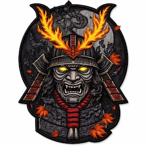 Samurai Oni Mask Patch Embroidery, Japanese Demon Iron On Patch, Warrior Helmet Back Patch, Biker Jacket Patch