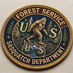 May include: Embroidered patch featuring a Sasquatch illustration, with the text "FOREST SERVICE SASQUATCH DEPARTMENT" in a circular design. The patch has a gold border and includes the letters "U S" and images of trees and mountains.