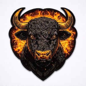 May include: Embroidered patch featuring a black bull with fiery orange horns and a flaming background. The bull's face is detailed with intense eyes and a textured coat, set against a white background. The patch has a unique shape.