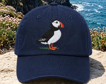 Custom Puffin Bird Embroidered Hat Coastal Wildlife Cap Seabird Lover Gift Nature Enthusiast Ocean Adventure Accessory