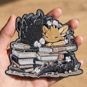 Embroidered Dragon Book Patch, Cute Fantasy Reader Iron On Patch, Book Lover Gift, Cozy Reading Badge, Dragon Bookworm Patch