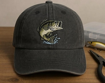 Custom Bass Fishing Hat Embroidered Fish Cap Angler Gift Outdoor Adventure Accessory Fisherman Nature Lover Design