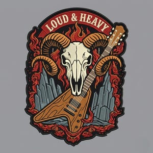 May include: Embroidered patch featuring a ram skull, a V-shaped guitar, and flames. The patch has the words "LOUD & HEAVY" in a red banner. The design incorporates shades of brown, red, black, and gray, creating a bold, rock-and-roll aesthetic.