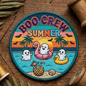May include: Embroidered patch with the words "Boo Crew Summer" in purple and orange. The patch features ghosts in the water with a flamingo floatie and a duck floatie. A tropical drink and a seashell are also shown.
