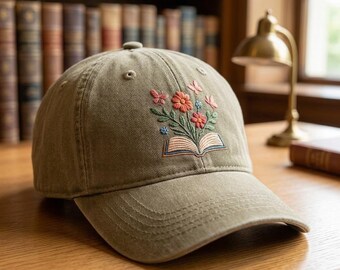Custom Floral Book Embroidered Hat Book Lover Gift Reading Teacher Librarian Cap Literary Nature Inspired Accessory