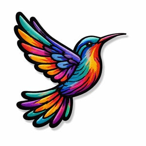 May include: A colorful hummingbird patch with a black border. The bird's wings are spread in mid-flight, showcasing a vibrant array of colors including blue, purple, yellow, orange, and pink. The hummingbird's beak is long and pointed.