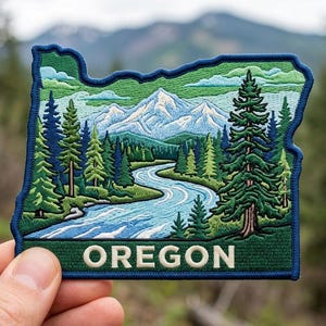May include: Embroidered patch in the shape of Oregon, featuring a landscape with a river, mountains, and evergreen trees. The word "OREGON" is embroidered in white block letters at the bottom. The patch has a dark blue border and green and blue colors.