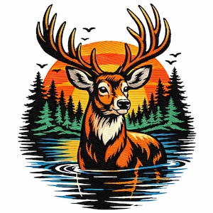 Majestic Deer Sunset Embroidered Patch Wildlife Animal Iron On  Deer Head Badge for Jacket Backpack Outdoor