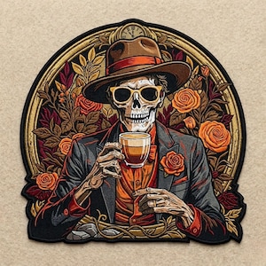 Sophisticated Skeleton Embroidered Large Patch - Dapper Skull with Coffee Iron-On Jacket Back Accessory - Macabre Gothic Fashion Elegance