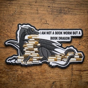 Book Dragon Embroidered Patch, Fantasy Reader Iron On Patch, Book Lover Dragon Badge, Librarian Gift Embroidery Patch