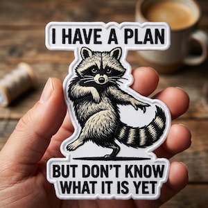 May include: Embroidered patch featuring a raccoon with the text "I HAVE A PLAN" above the raccoon and "BUT DON'T KNOW WHAT IT IS YET" below. The raccoon is black and white with a striped tail. The patch is white with black text.