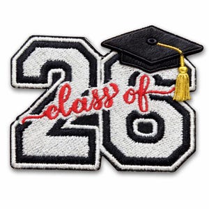 May include: Embroidered patch featuring the text "26" in white with black trim, and the words "class of" in red script. A small black graduation cap with a gold tassel is positioned above the "6".