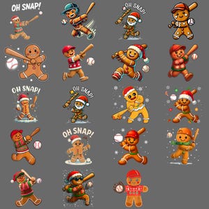 May include: A repeating pattern of gingerbread men playing baseball, each wearing a baseball cap or Santa hat. The phrase "OH SNAP!" is above some of the gingerbread men. Baseball and bats are also featured.