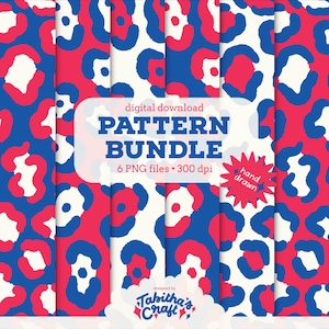 Könnte beinhalten: Ein digitales Musterpaket mit handgezeichnetem Leopardenmuster in Rot, Weiß und Blau. Der Text auf dem Bild lautet "PATTERN BUNDLE" und "6 PNG-Dateien • 300 dpi". Geeignet für verschiedene kreative Projekte.