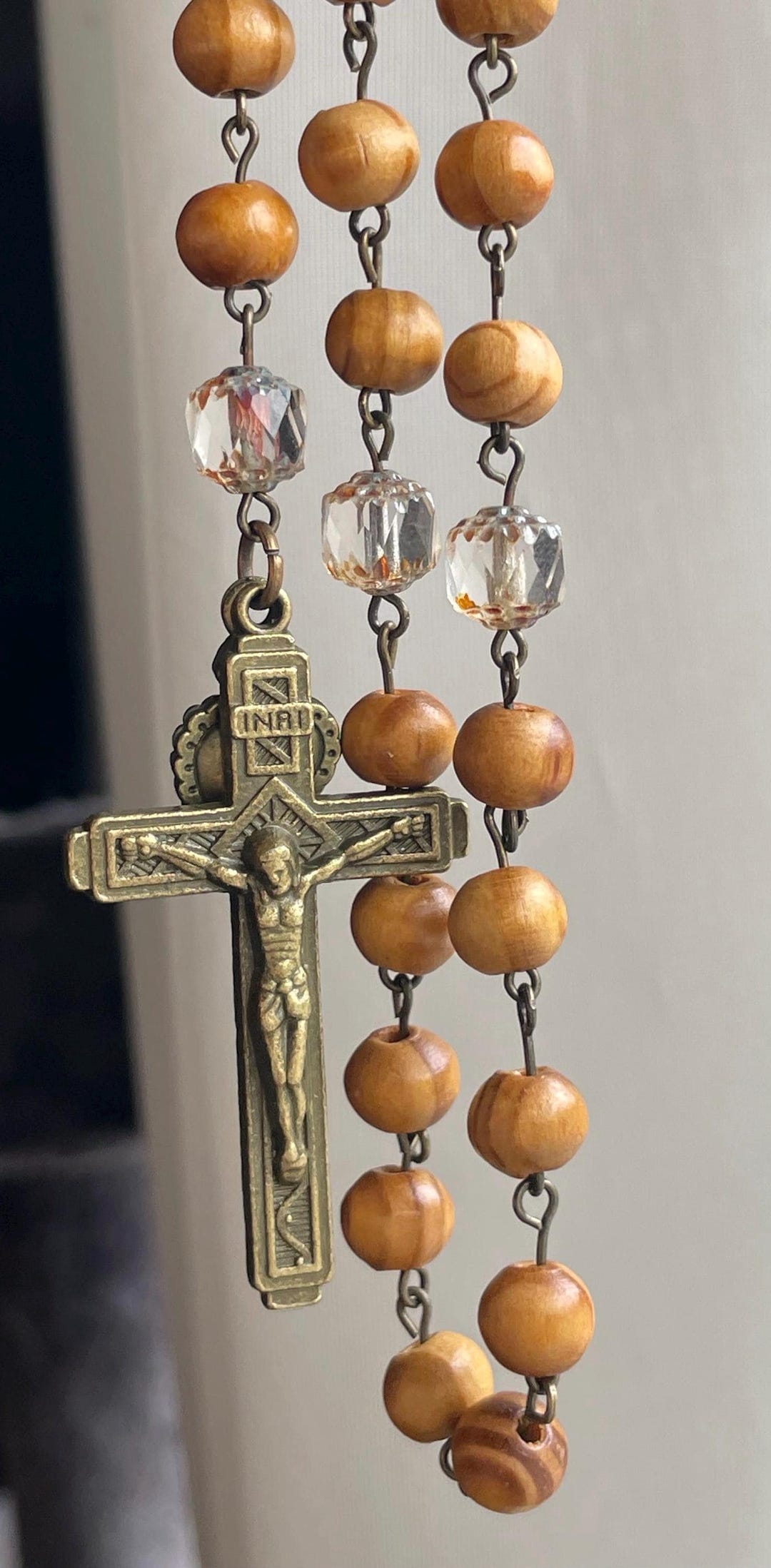 Pine Wood Rosary With Clear Czech Glass Beads- Our Lady of Loreto - Etsy