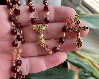 Red Czech Glass Rosary with Gold Hardware - St. Oda