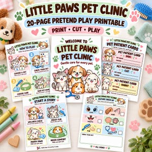 Pode incluir: Um conjunto imprimível de 20 páginas de brincadeira de faz de conta Little Paws Pet Clinic com folhas de instruções ilustradas, cartões de paciente e páginas de atividades com animais de desenho animado, incluindo cães, gatos e coelhos.