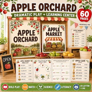 May include: A printable Apple Orchard dramatic play and learning center set featuring signs, price lists, and educational worksheets. The collection includes illustrations of apple trees, market stalls, and life cycles, with text such as Apple Orchard, Apple Market, and Apple Café.