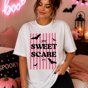 Cute Sweet Scare Halloween Shirt, Coquette Halloween Tee, Pink Spooky Season Shirt, Cute Bat Graphic Tee, Fall Aesthetic T-Shirt, Pumpkin