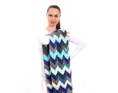 Unique Handmade Blue Scarf, Chevron Geometric Hand Knitted Scarf by Solandia tribal navajo Women fashion Christmas gift Knit fashion