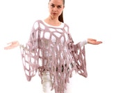 Hand Knitted Summer Poncho Sweater Linen, Boho, The Mermaid Net by Solandia, dusty pink, geometric, novelty, women boho, modern sweater