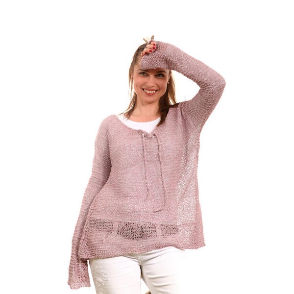 Summer Knit Loose Linen Sweater, Hand Knitted Sweater by Solandia, Dusty pink, long sleeve, summer fashion Beach Fashion women