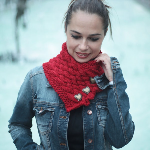 Red Scarf Hand Knit, Winter Short Red Women Scarf| Cowl| Red CLASSICA by Solandia, Heart shaped buttons, Christmas Gift, Valentines day gift