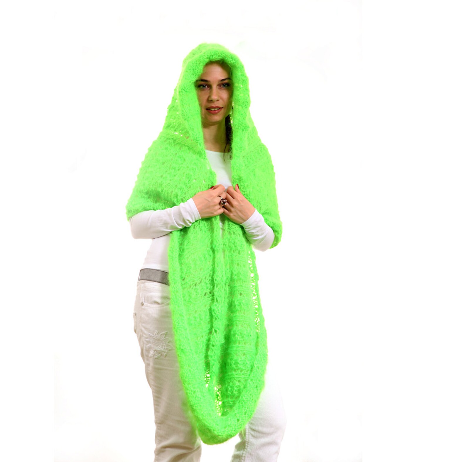 Neon Green Scarf Hand Knitted Hooded Mohair Infinity Scarf by Etsy