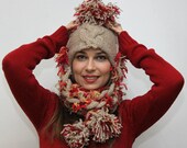 Made to Order: Funky Cheerful Wool Winter Hat RAPUNZEL, big pom-pom, bi-colored with long tresses, hand knit hat, knitted hat by Solandia