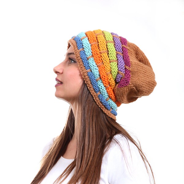 Slouchy Beanie Hat, Rainbow Slouch Hat Tribal rasta by Solandia, Oversized Knitted Wool Winter Hat, blue, orange purple, winter fashion