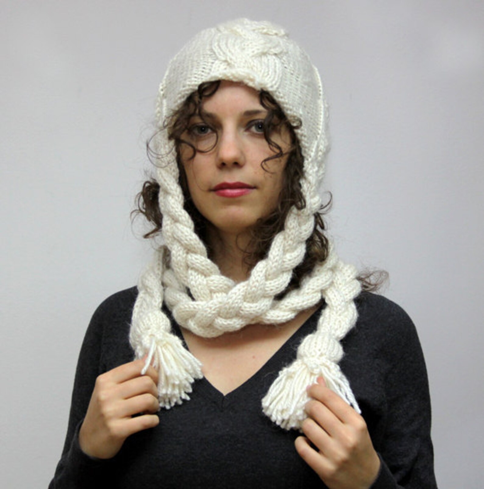 Made to Order Hand Knit Wool Winter Hat With Braids RAPUNZEL Etsy