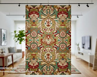 Artisan Bloom | Hand-Tufted Wool Rug in Earthy Sage & Crimson | Modern Luxury tufted carpet