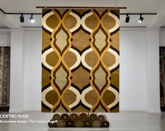 Hand-Tufted Wool Area Rug: Geometric Ogee, Earth Tones