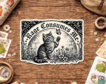 Rage Consumes Me Sticker, Cute Funny Cat Meme Mental Health Sarcastic Cat Lover Waterproof Sticker for Water Bottle Laptop Notebook Gift