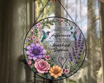 Personalized Teacher Appreciation Suncatcher, Floral Hummingbird Glass Window Hanging, Retirement Thank You Gift Decor